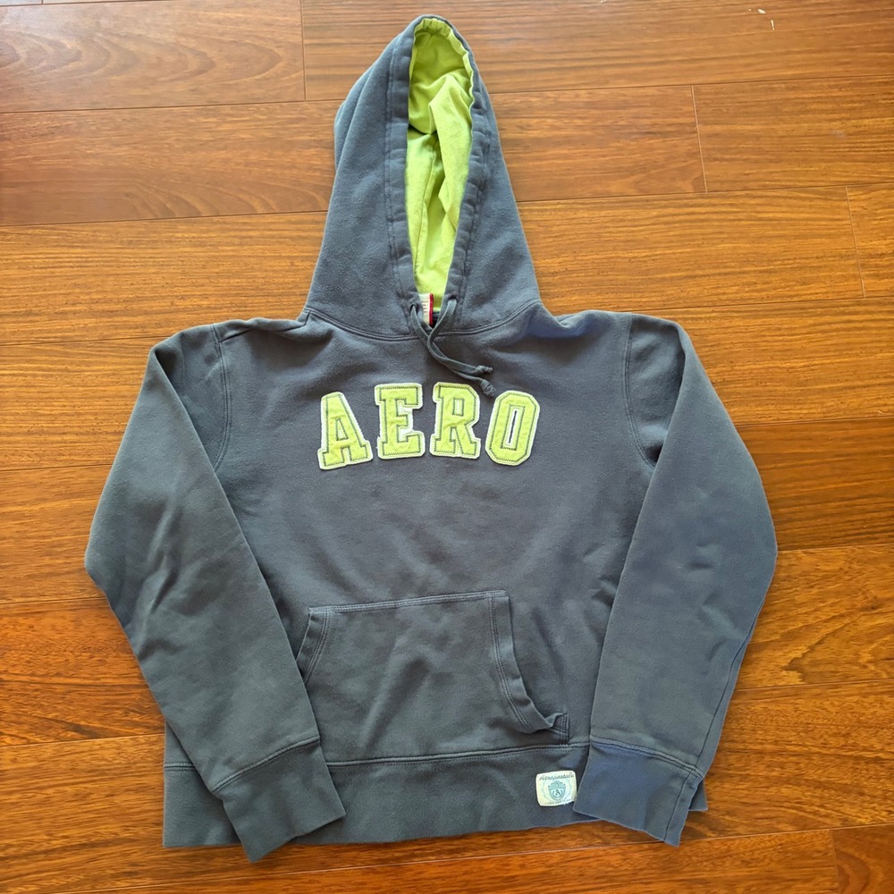 Aeropostale Mens XXS Navy Blue Lime Green AERO Pullover Hoodie Sweatshirt